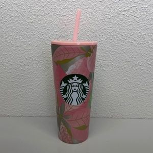 NWT Starbucks  Tumbler Cup Pink Poinsettia Leaves Limited Edition 24 oz